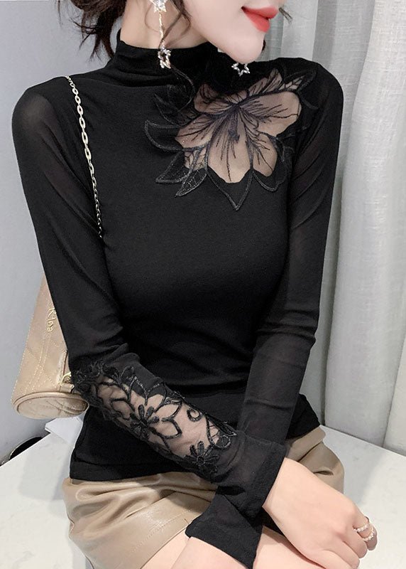 Plus Size Black Stand Collar tulle Patchwork tops Spring