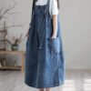Plus Size Blue drawstring pocket Spaghetti Strap Cotton denim Dress Spring