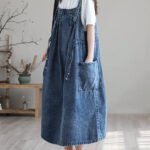 Plus Size Blue drawstring pocket Spaghetti Strap Cotton denim Dress Spring