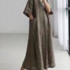 Plus Size Grey Peter Pan Collar Pockets Linen Long Dresses Short Sleeve