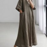 Plus Size Grey Peter Pan Collar Pockets Linen Long Dresses Short Sleeve