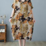 Plus Size Khaki V Neck Print Long Dress Short Sleeve