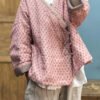 Plus Size Pink Print Button Pockets Cotton Filled Coat Winter