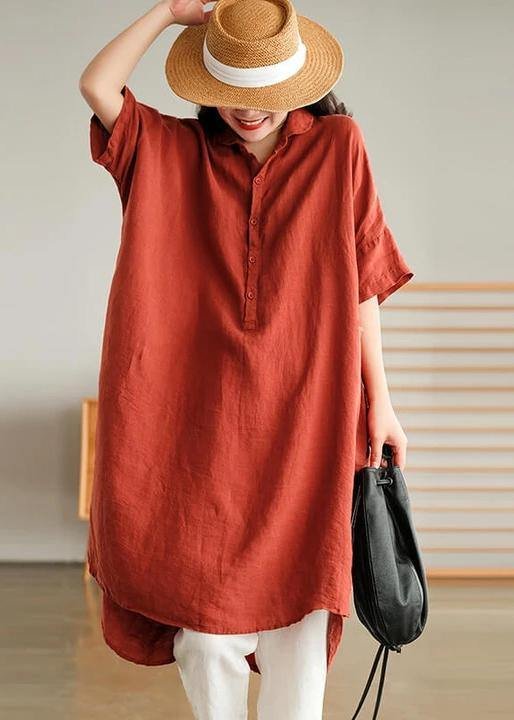 Plus Size – Red Linen Women Casual Pure Shirt