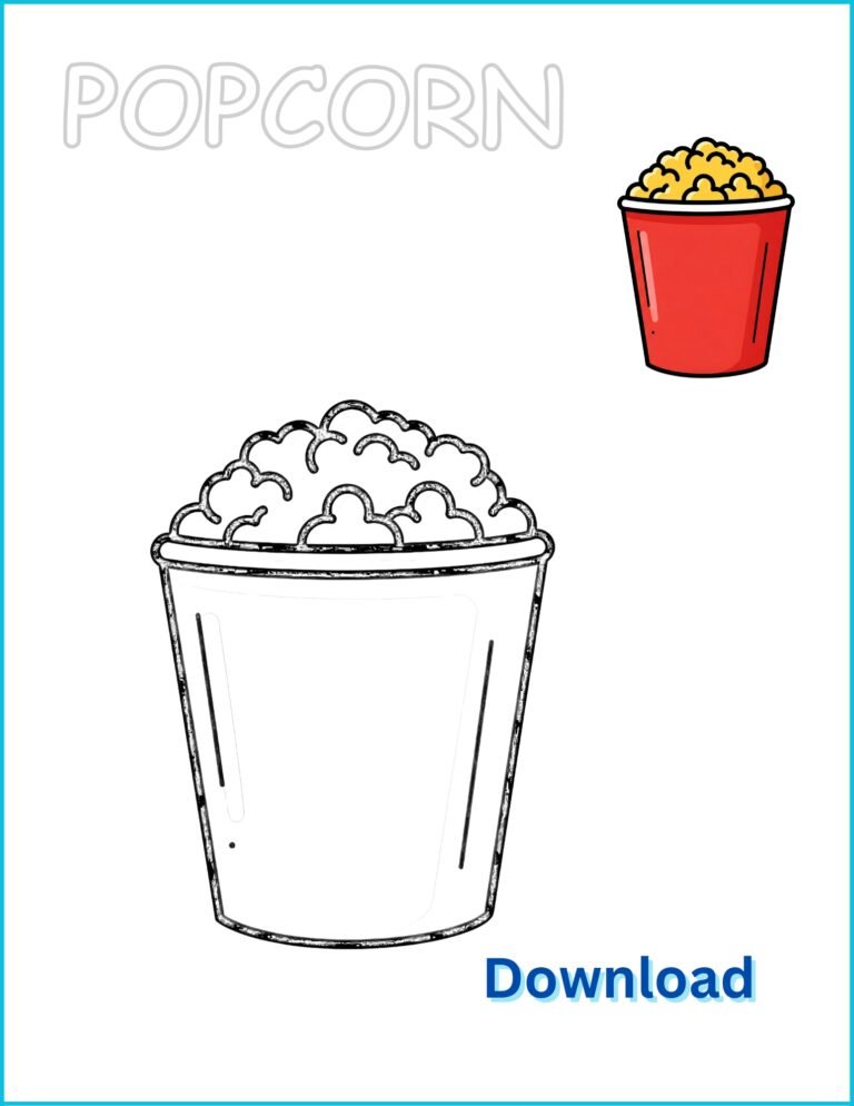 Popcorn Printable Coloring Page | Movie Night Activity with Pre-Colored Example (US Letter 8.5x11) - Instant Download PDF
