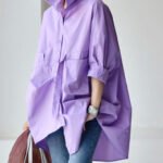 Purple Peter Pan Collar Low High Design Cotton Shirt Long Sleeve