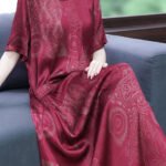 Red Print Silk Long Dress Oversized Pockets Wrinkled Summer