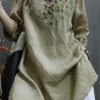 Retro Khaki V Neck Embroideried Linen Shirt Tops Half Sleeve