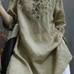 Retro Khaki V Neck Embroideried Linen Shirt Tops Half Sleeve