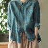 Retro Peacock Green Peter Pan Collar Print Button Wrinkled Shirts Long Sleeve