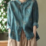 Retro Peacock Green Peter Pan Collar Print Button Wrinkled Shirts Long Sleeve