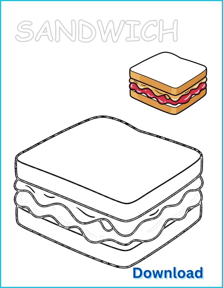 Sandwich Printable Coloring Page | Pre-Colored Example Guide | US Letter 8.5x11 PDF
