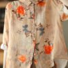 Simple Orange Peter Pan Collar Print Button Cotton Blouse Tops Long Sleeve