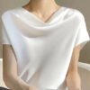 Simple White Solid Turtle Neck Silk T Shirts Summer
