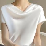 Simple White Solid Turtle Neck Silk T Shirts Summer