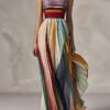 Slim Fit Striped Cold Shoulder Wrinkled Long Dress Sleeveless