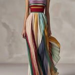 Slim Fit Striped Cold Shoulder Wrinkled Long Dress Sleeveless