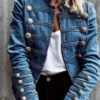 Style Blue Double Breast Patchwork Slim Fit Denim Coat Spring