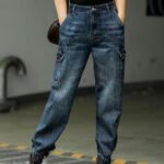 Style Blue Original Design Pockets Patchwork Cotton Denim Beam Pants Spring