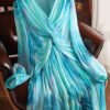 Stylish Blue V Neck Print Patchwork Exra Large Hem Silk Dress Spring