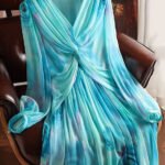 Stylish Blue V Neck Print Patchwork Exra Large Hem Silk Dress Spring