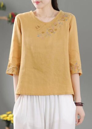 Stylish Yellow Embroideried Shirt Tops Half Sleeve