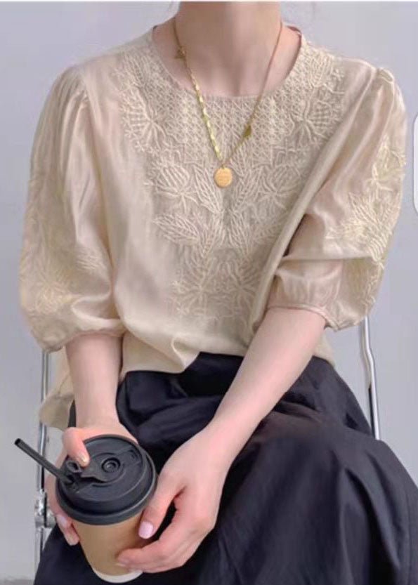 Vintage Apricot O-Neck Embroideried Silk Top Puff Sleeve