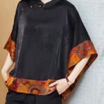 Vintage Black Mandarin Collar Asymmetrical Patchwork Jacquard Silk Shirts Batwing Sleeve