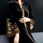 Vintage Black V Neck Print Patchwork Silk Velour Long Dresses Fall