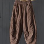 Vintage Coffee Pockets Patchwork Fine Cotton Filled Pants Winter