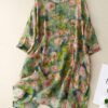 Vintage Green O Neck Print Patchwork Linen Mid Dress Bracelet Sleeve