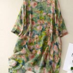 Vintage Green O Neck Print Patchwork Linen Mid Dress Bracelet Sleeve