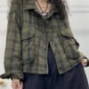 Vintage Green Plaid Button Patchwork Cotton Filled Coat Long Sleeve