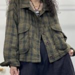 Vintage Green Plaid Button Patchwork Cotton Filled Coat Long Sleeve