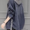 Vintage Grey Blue Patchwork Drawstring Hooded Denim Coat Fall