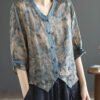Vintage Grey Print Button Ramie Tops Half Sleeve