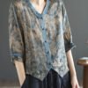 Vintage Grey Print Button Ramie Tops Half Sleeve