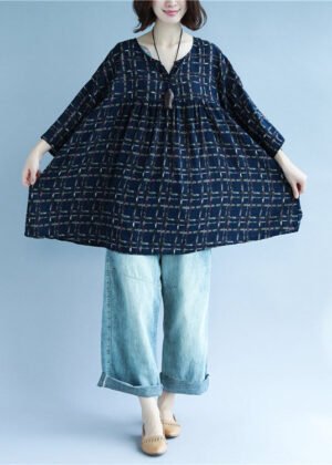 Vintage Navy V Neck Print Patchwork Fall Shirt Three Quarter sleeve