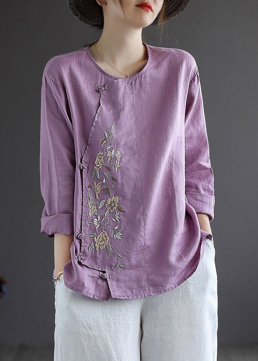 Vintage Purple Button O-Neck Linen Tops Long Sleeve