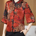 Vintage Red Mandarin Collar Print Silk Shirt Tops Half Sleeve
