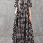 Vivid patchwork linen quilting dresses Runway black plaid Dresses summer