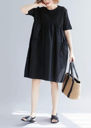 Women black Cotton blended o neck pockets loose summer Dresses