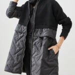 Women Black Zip Up Patchwork Fine Cotton Filled Knit Coat Winter