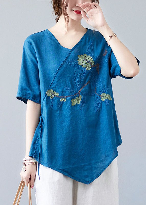 Women Blue Asymmetrical Shirt Tops Half Sleeve