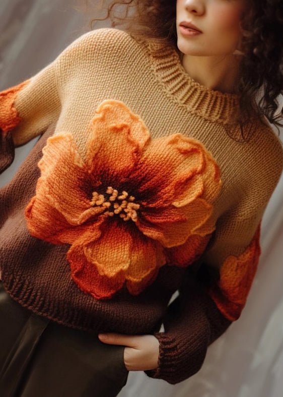 Women Brown O Neck Floral Cotton Knit Sweaters Long Sleeve