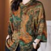 Women Brown Stand Collar Button Print Patchwork Silk Blouse Top Summer