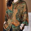 Women Brown Stand Collar Button Print Patchwork Silk Blouse Top Summer