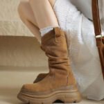 Women Comfortable Splicing Platform Boots Brown Suede