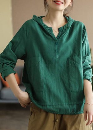 Women Green Button Patchwork Cotton Top Long Sleeve