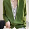 Women Green V Neck Button Patchwork Wool Knit Top Fall